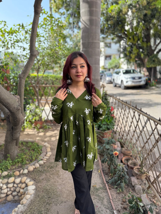 Mehndi Green Embroidered Gather Top