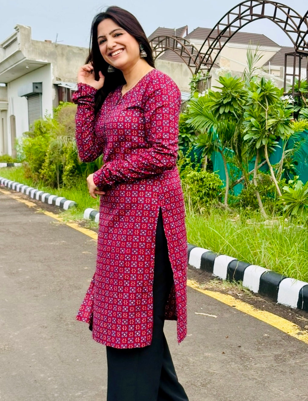 Maroon Geometric Print Kurta