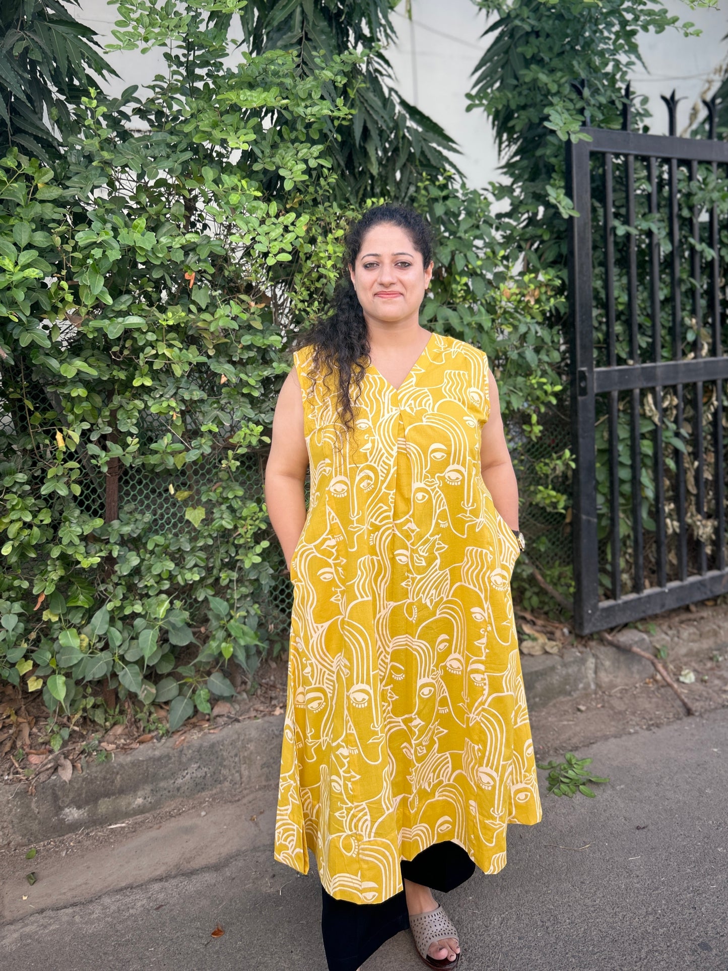 Mustard Hand-Sketch A-Line Kurta” with pockets ⭐
