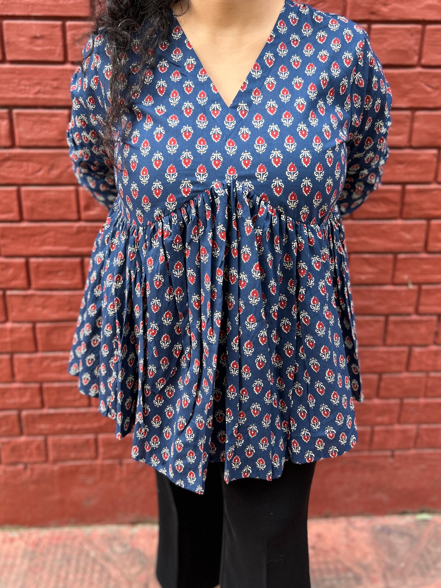 Indigo Laal Buti Gather Top