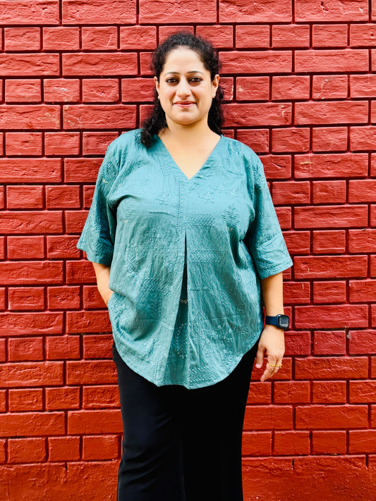 Teal Embroidered anti fit top