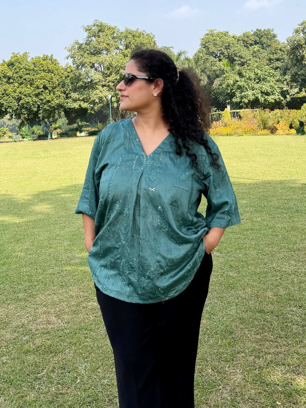 Teal Embroidered anti fit top