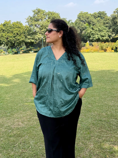 Teal Embroidered anti fit top