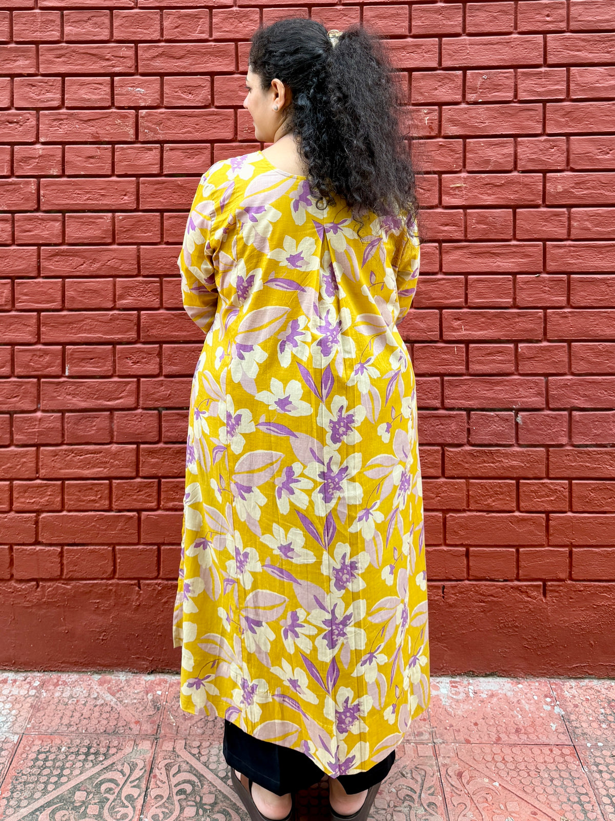 Mustard Meadow A-Line 100% Cotton Kurta with Chudi Sleeves