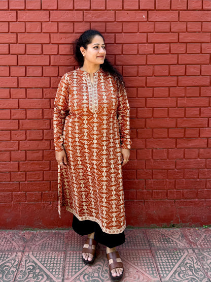 Rust floral chudi sleeves kurta