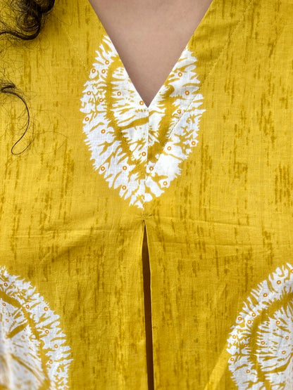 Mustard Block Print A-Line Kurti with pockets ✨