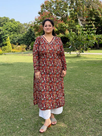 Maroon Paisley 100% Cotton Kurta with Chudi Sleeves