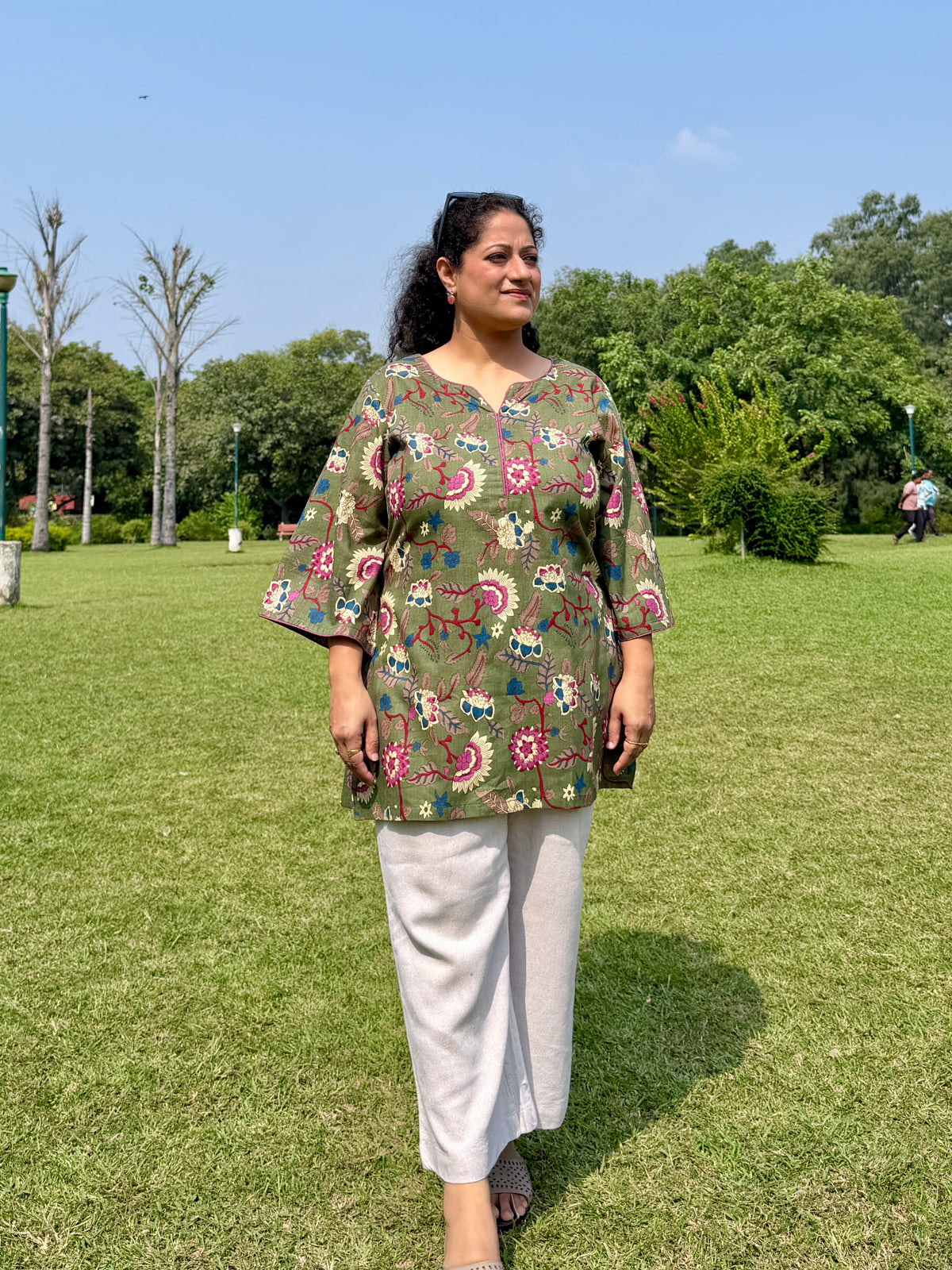 Green Floral 100% Cotton Kurta with Bell Sleeves
