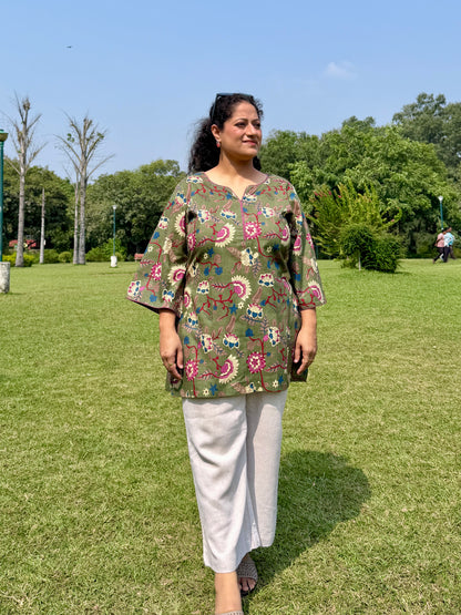 Green Floral 100% Cotton Kurta with Bell Sleeves