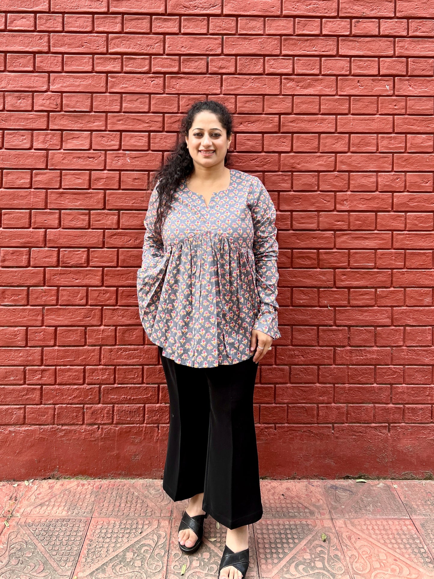 Grey Floral Buti Top