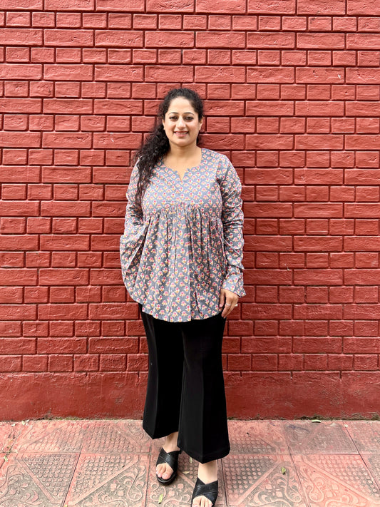 Grey Floral Buti Top