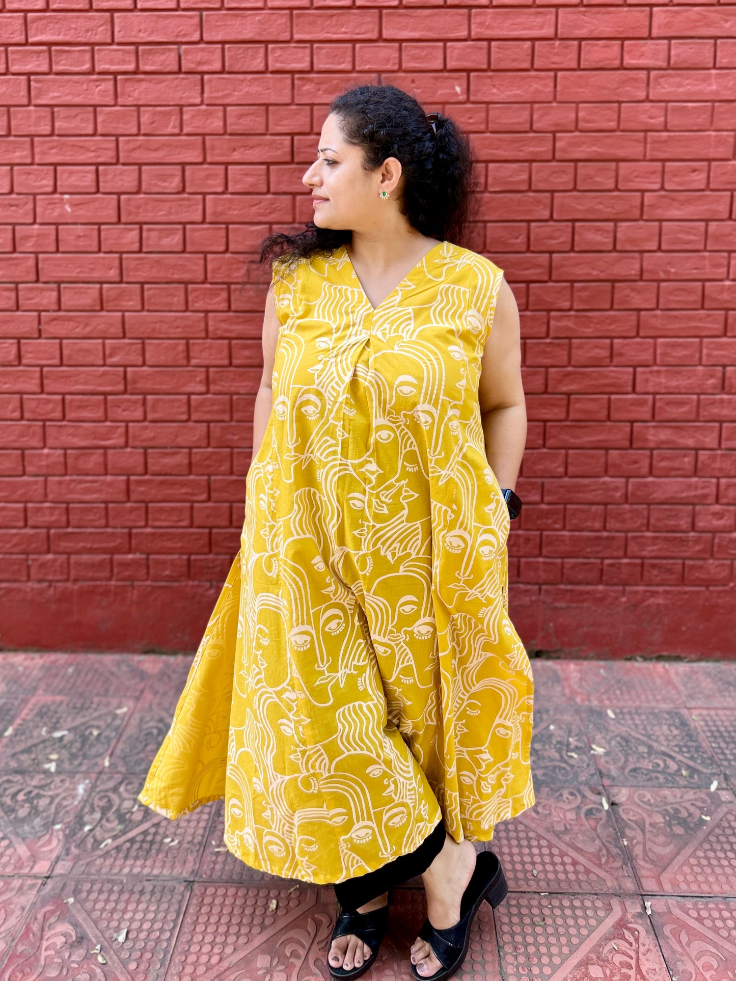 Mustard Hand-Sketch A-Line Kurta” with pockets ⭐