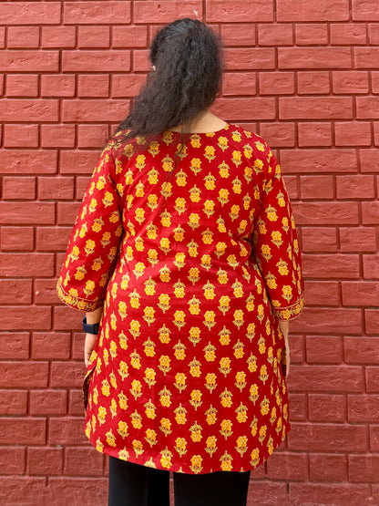 Red floral short kurta