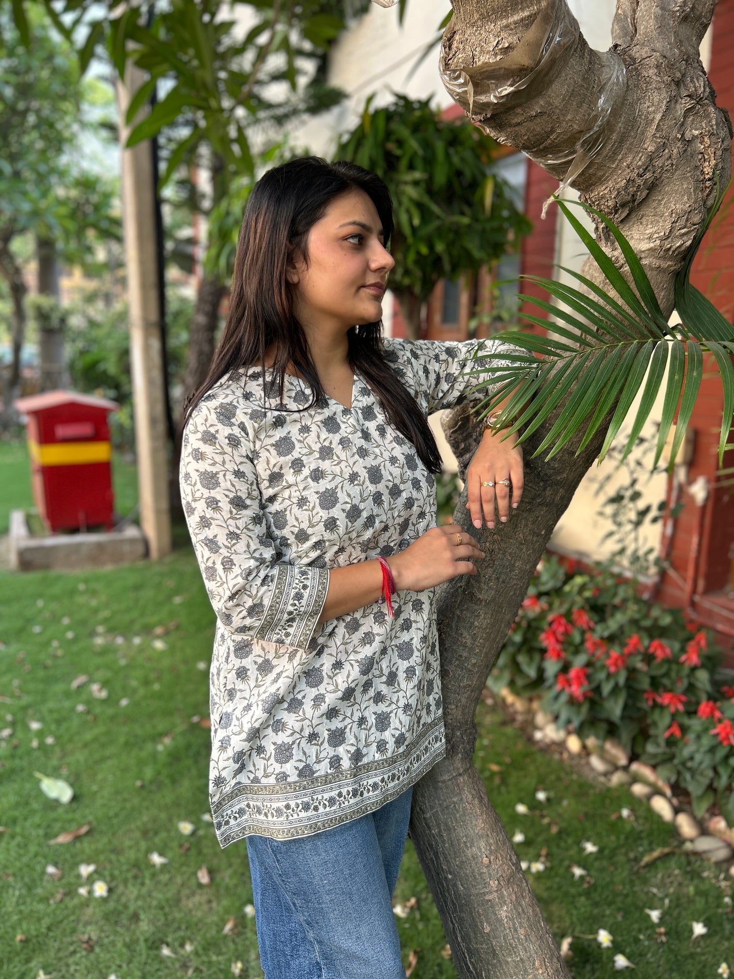 White and grey floral short kurti