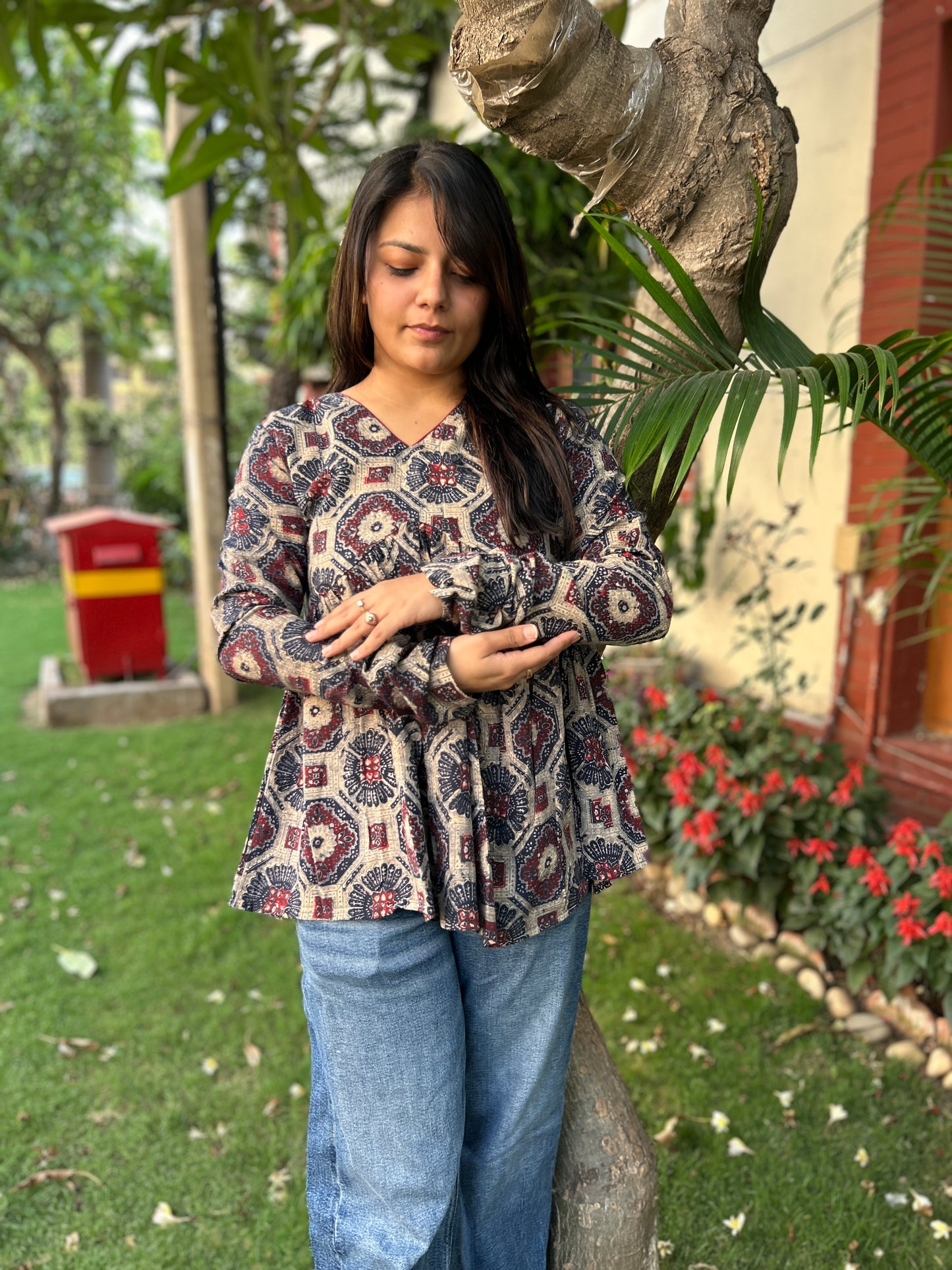 Blue Beige Geometric Print Top
