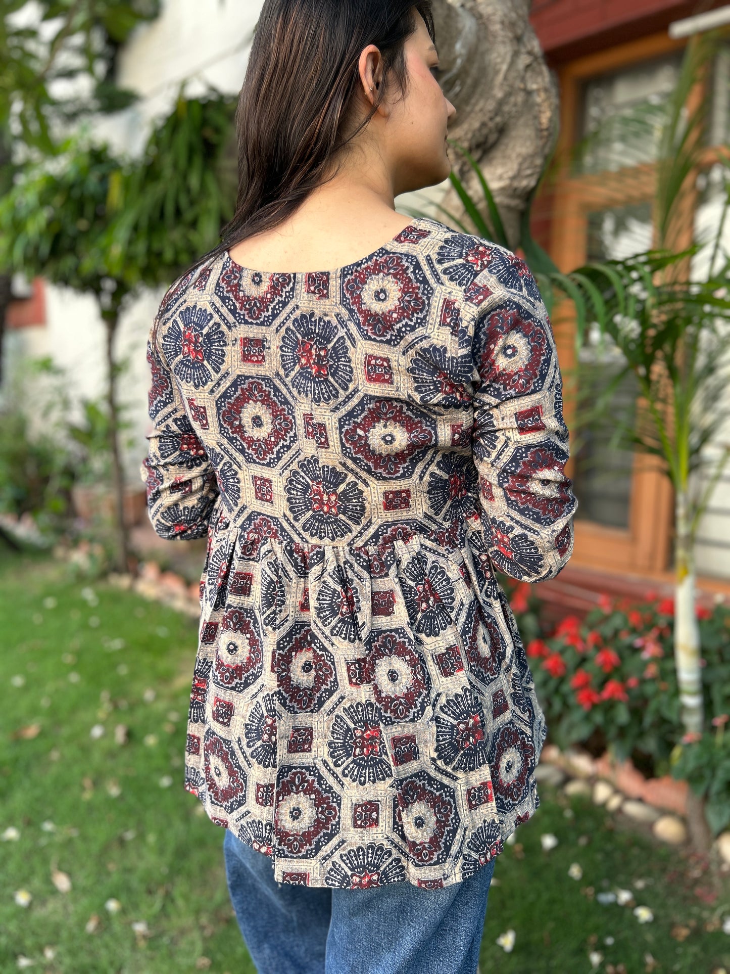 Blue Beige Geometric Print Top