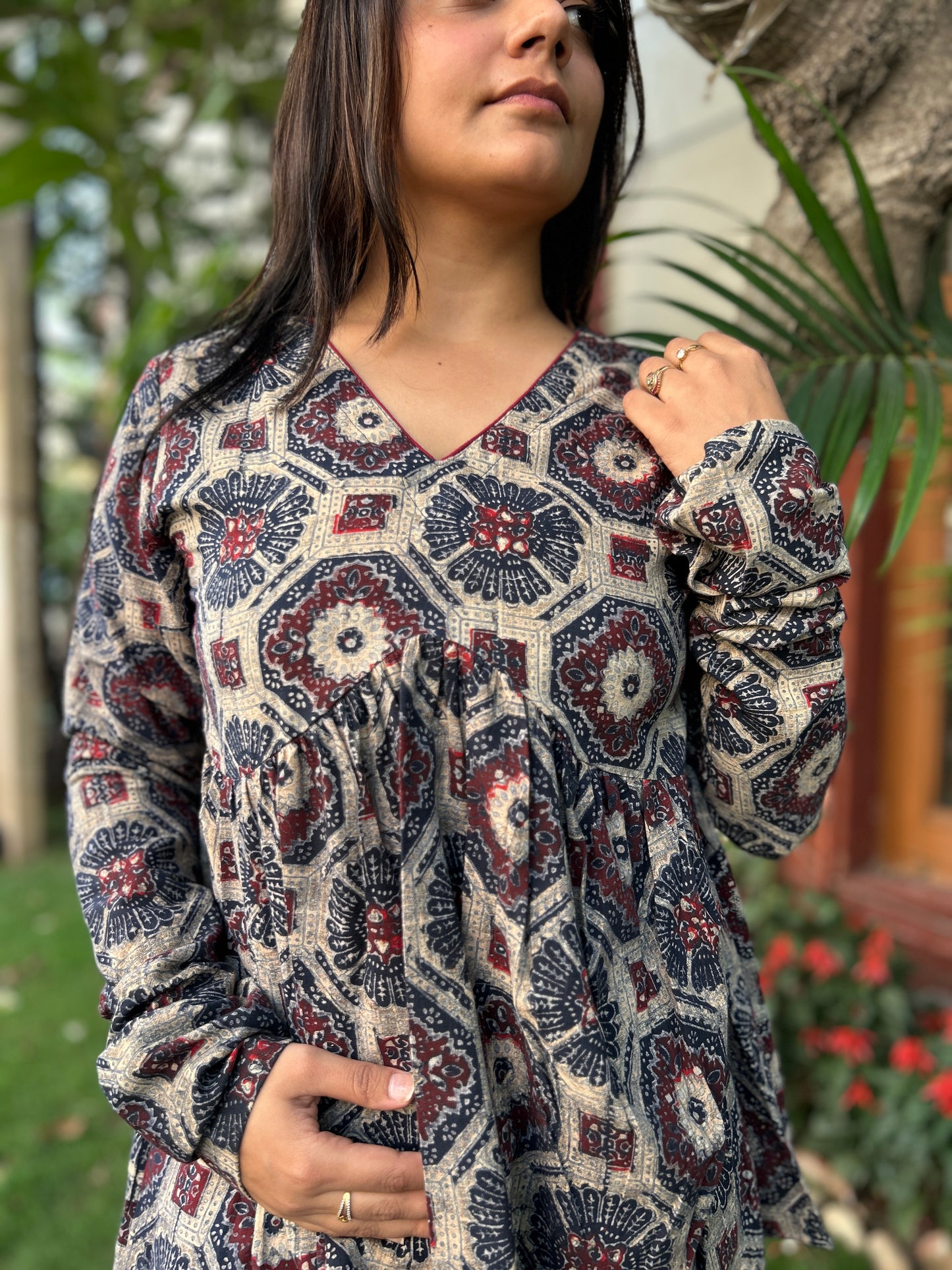 Blue Beige Geometric Print Top
