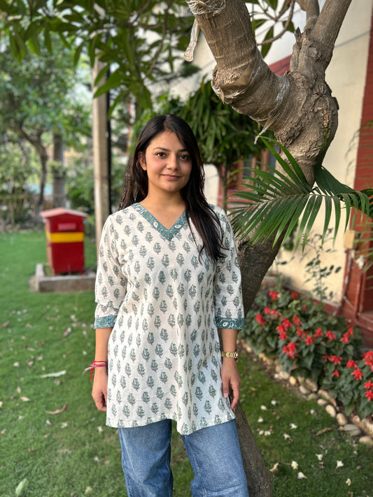 Ivory teal butti Short kurti