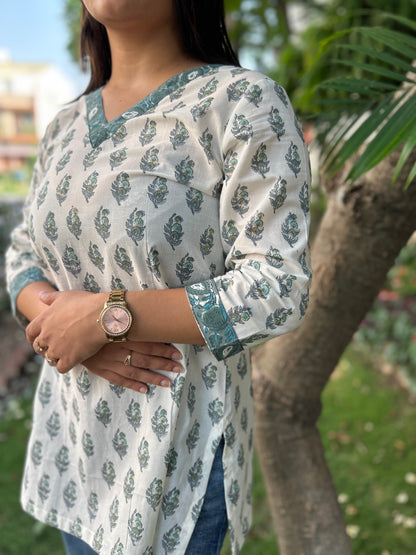 Ivory teal butti Short kurti