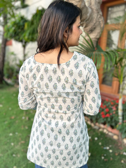 Ivory teal butti Short kurti