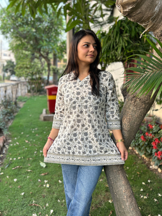 White and grey floral short kurti