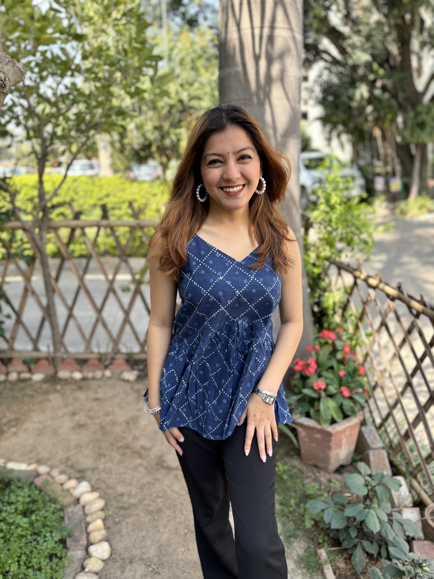 Indigo Printed Strap Top