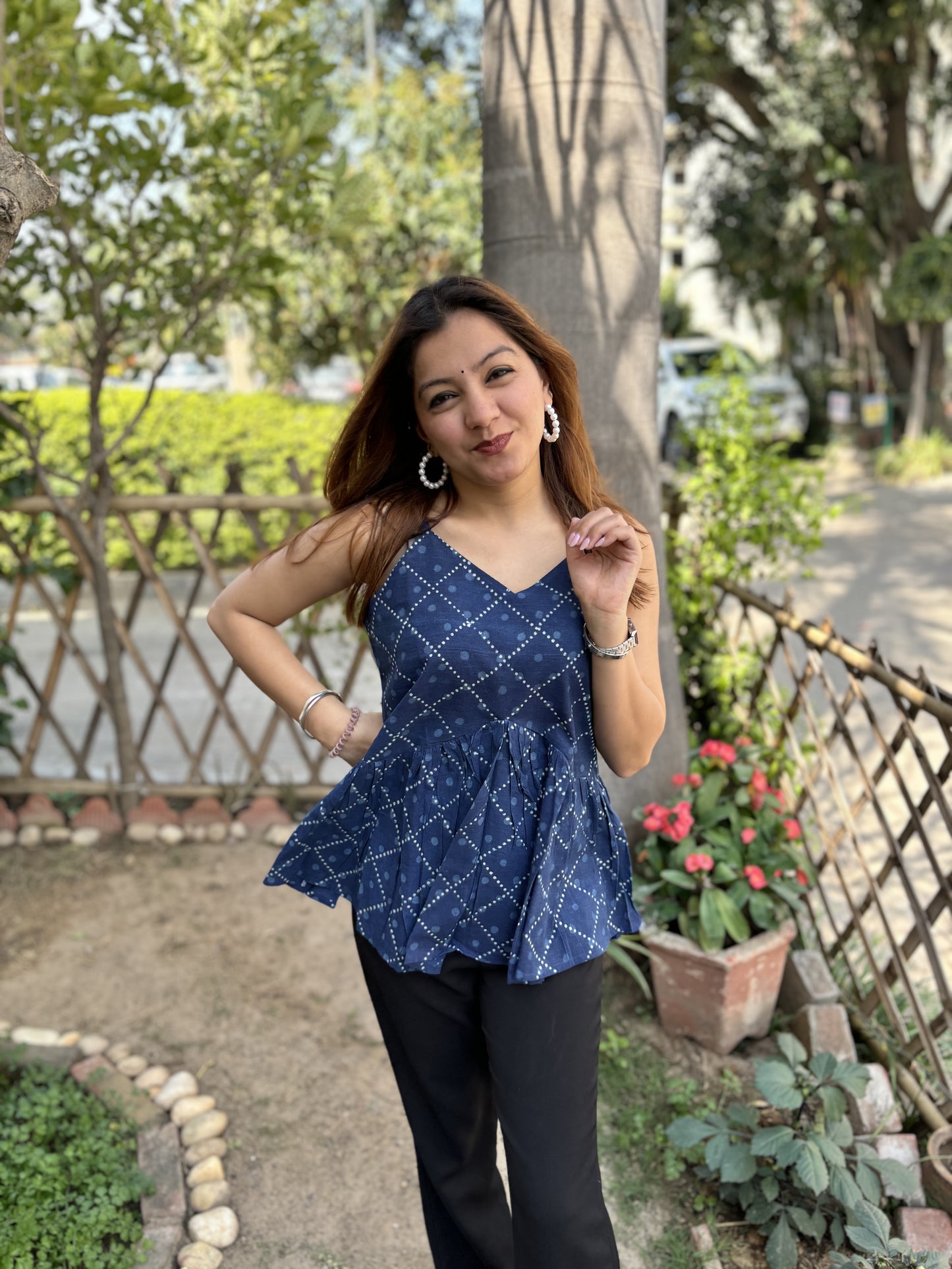 Indigo Printed Strap Top