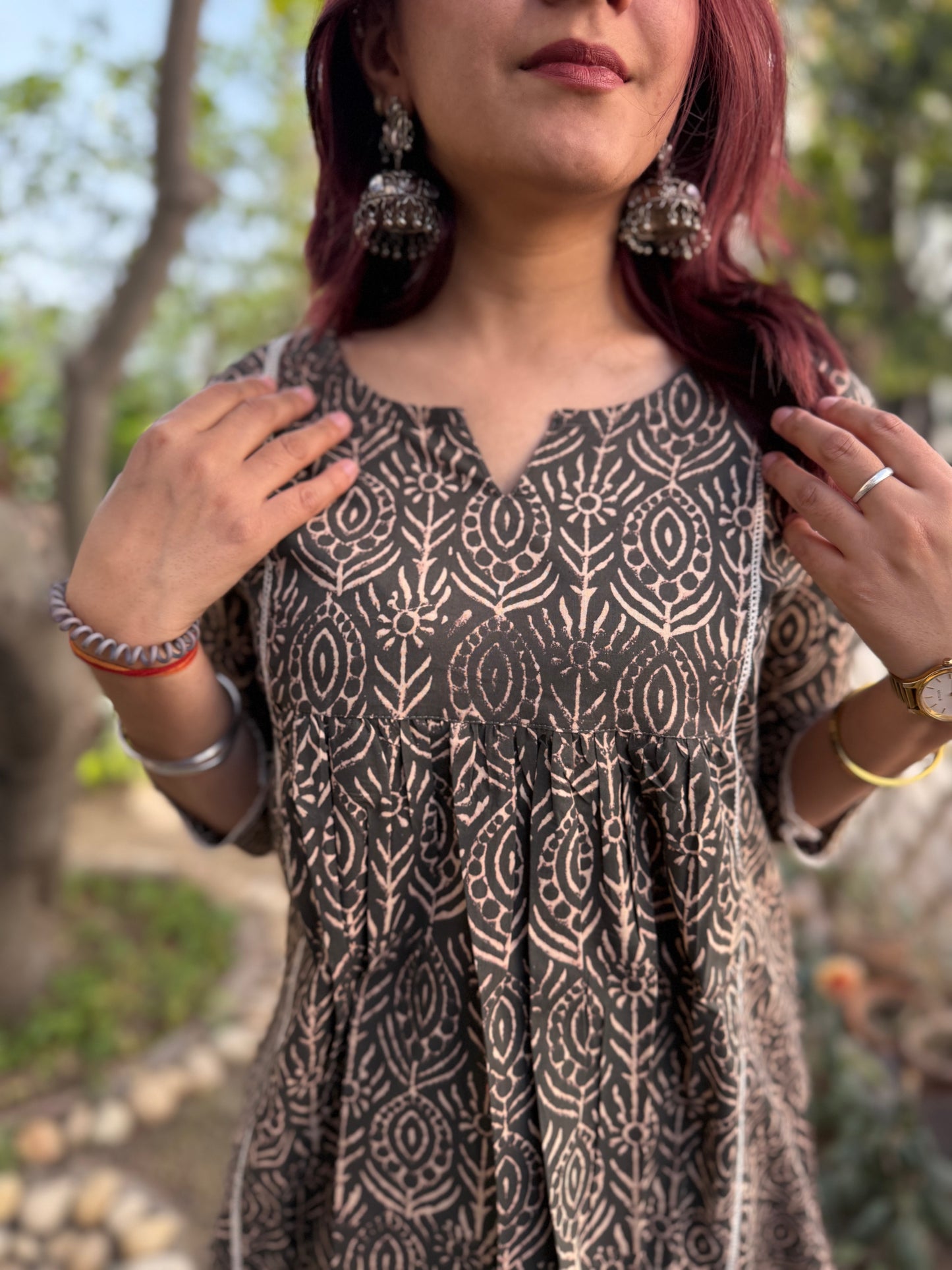 Brown block print top