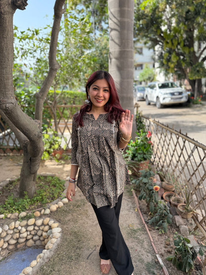 Brown block print top