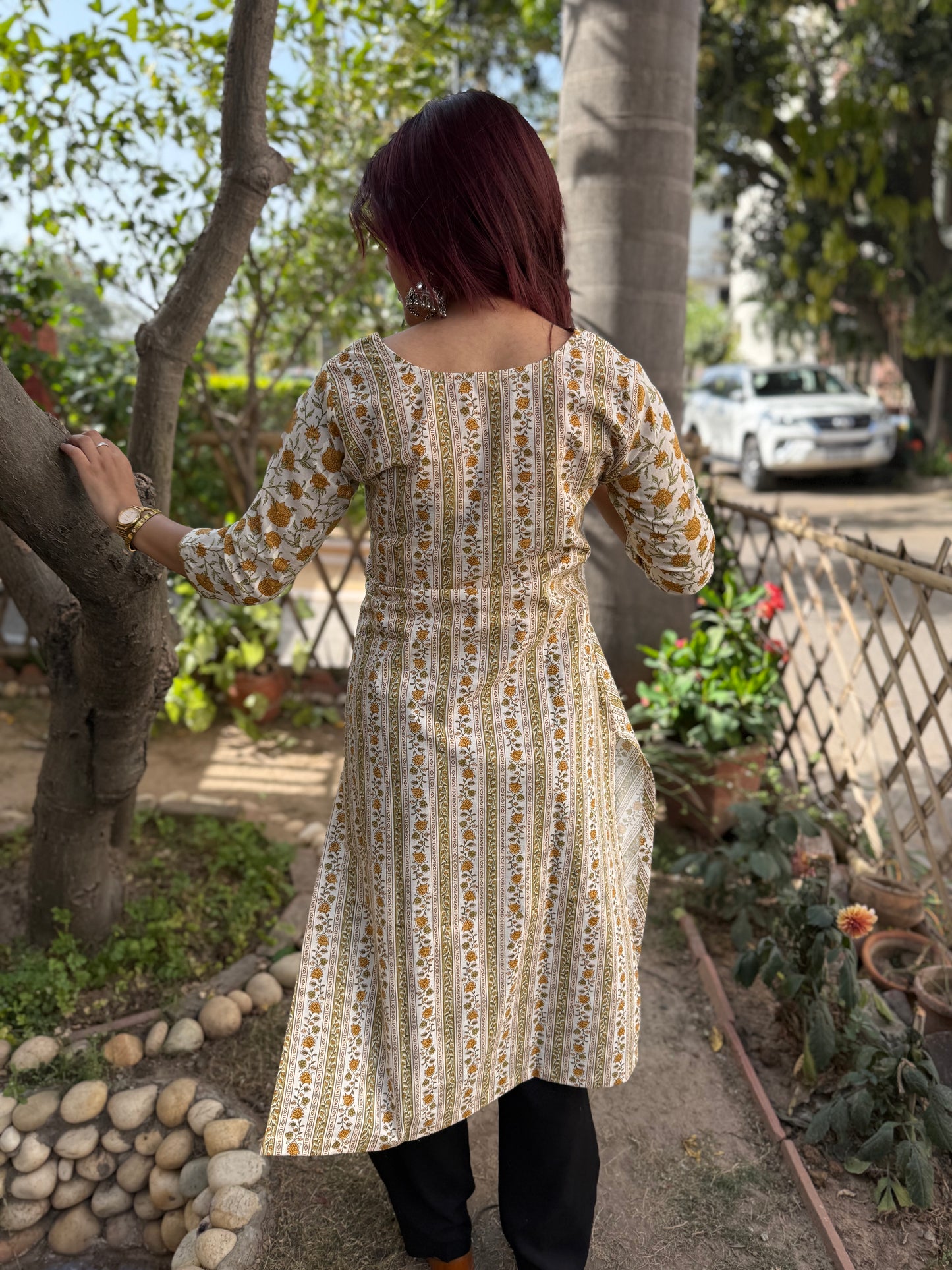 Mustard Floral Sanganeri kurta