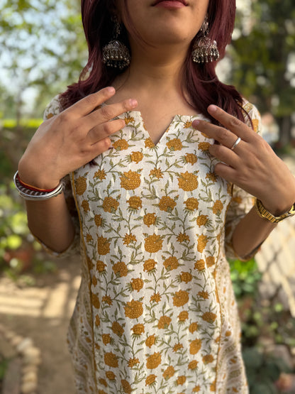 Mustard Floral Sanganeri kurta