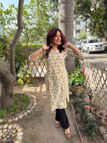 Mustard Floral Sanganeri kurta