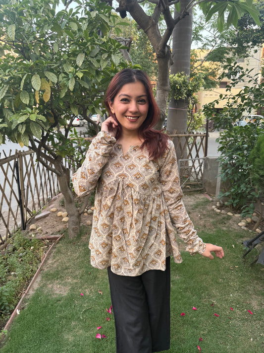 Beige Chudhi Sleeves Gather Top