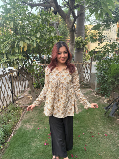 Beige Chudhi Sleeves Gather Top