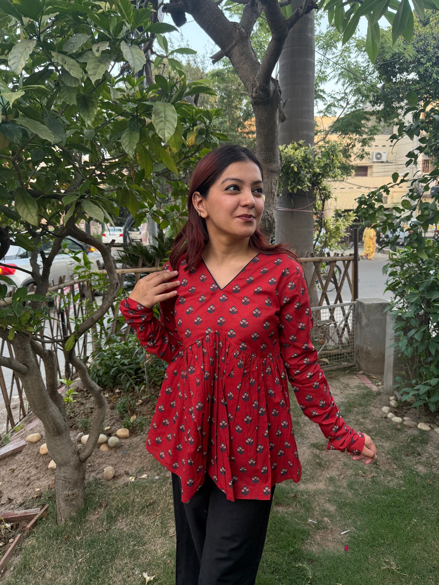 Laal Booti Gather Top