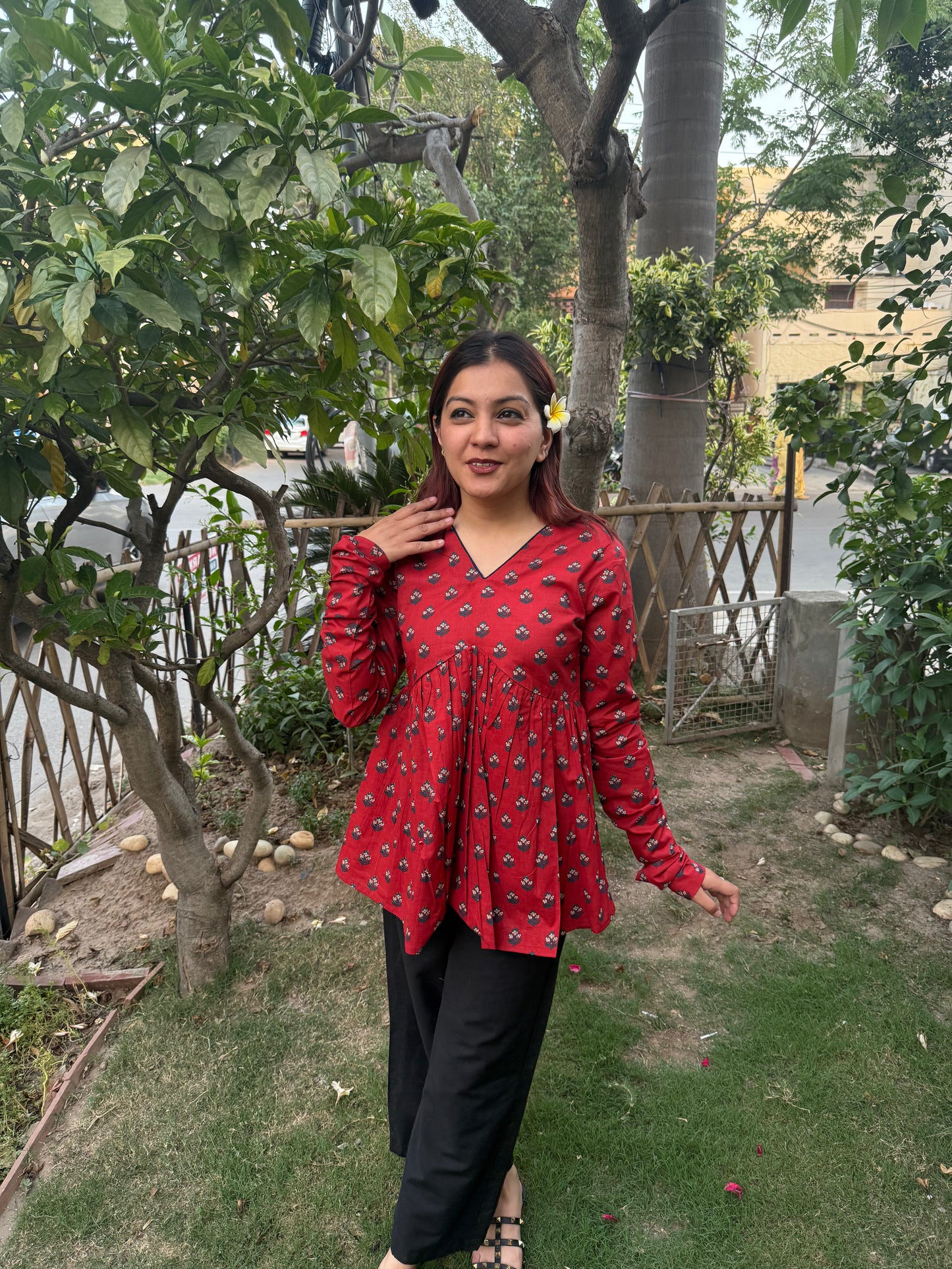 Laal Booti Gather Top
