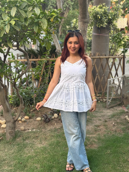White Chikan Strap Top
