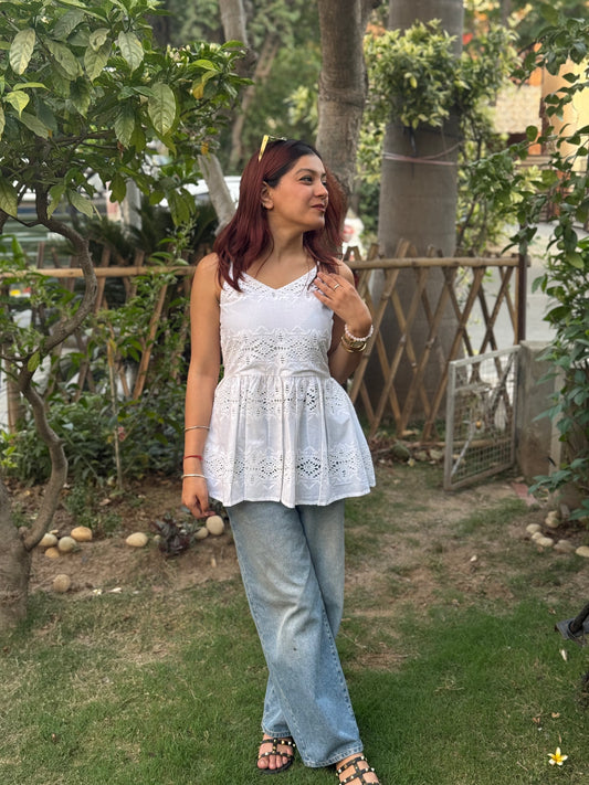 White Chikan Strap Top
