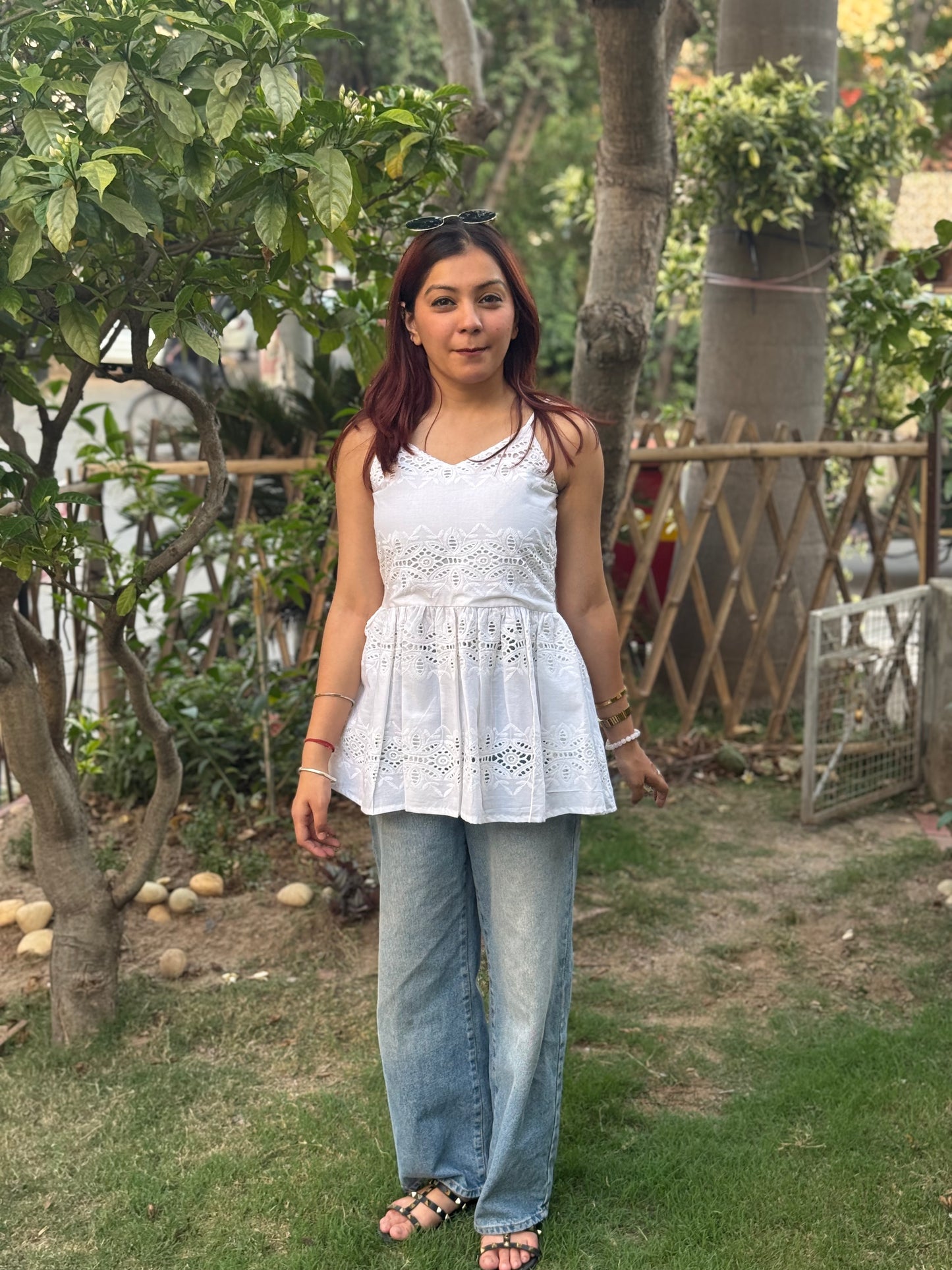 White Chikan Strap Top