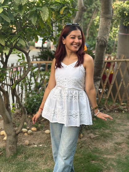 White Chikan Strap Top