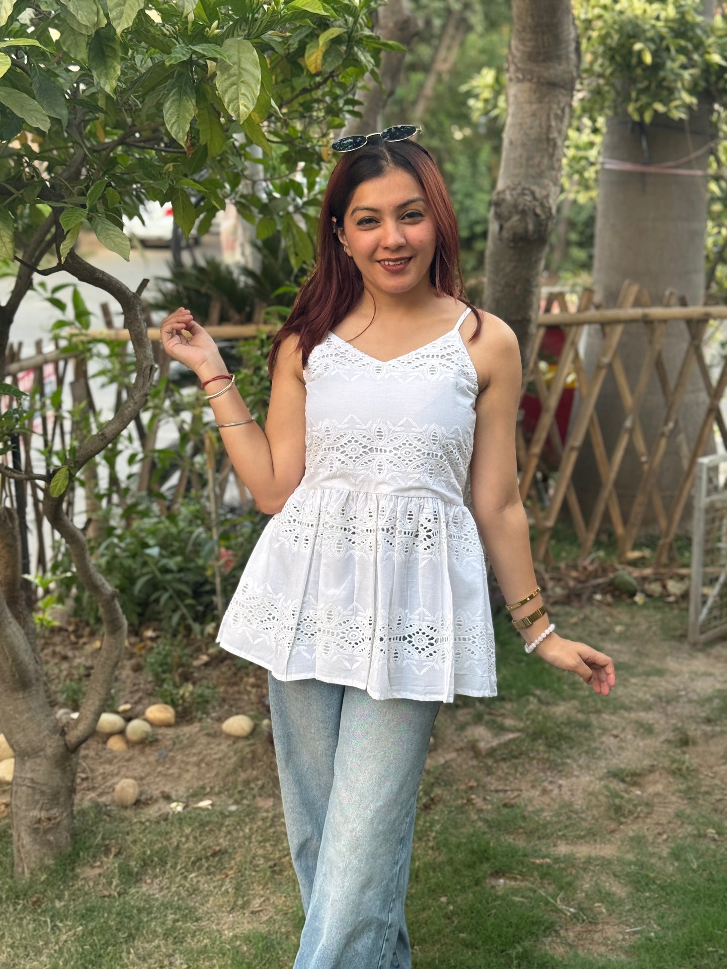 White Chikan Strap Top