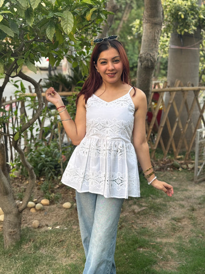 White Chikan Strap Top