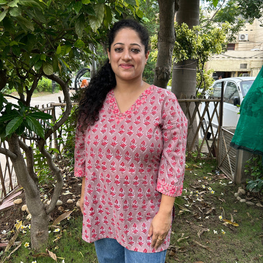 Blush Pink Hand-Block Printed Cotton Kurti