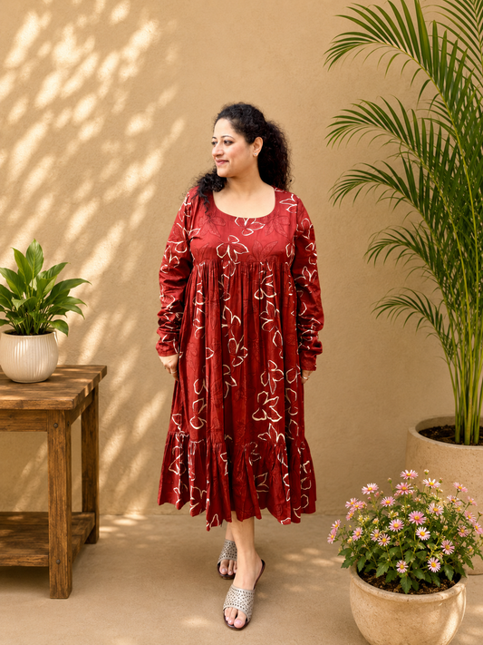 Rust Petal Chudi Sleeve Cotton Dress